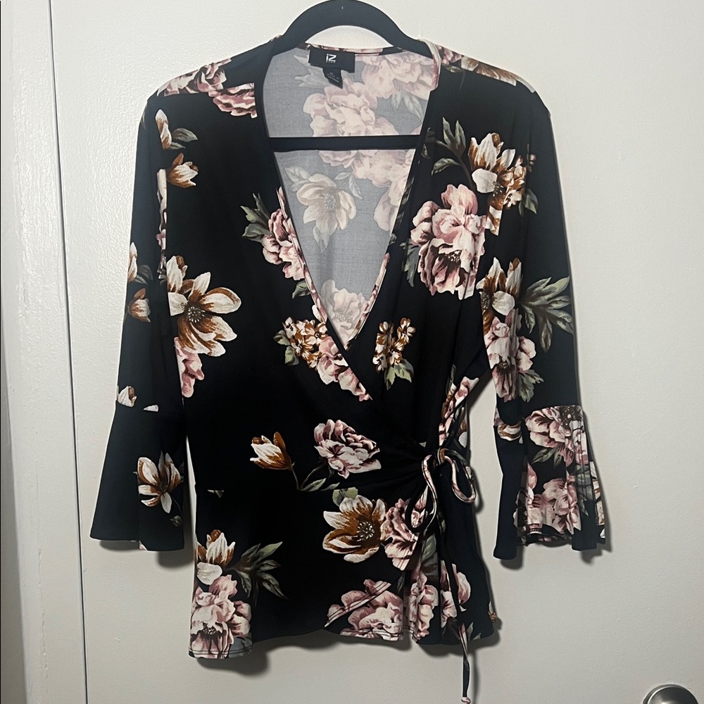 Iz Byer Black and Pink Floral Wrap Blouse
